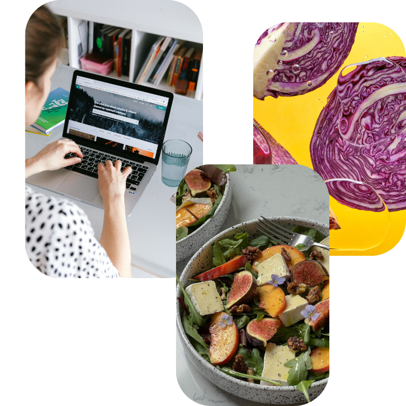 Colage de fotos donde aparece una mujer delante de un pc, y frutas y verduras sobre un fondo naranja sobre un plato.
