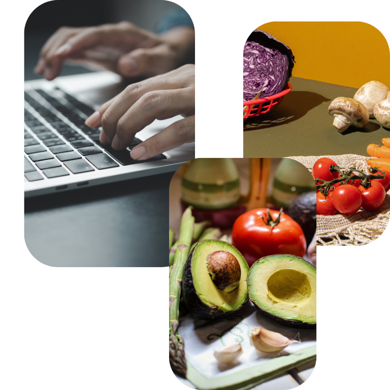 Un colage de tres fotos, una con una persona utilizando un ordenador portátil y las otras dos contienen frutras y verduras sobre una mesa.