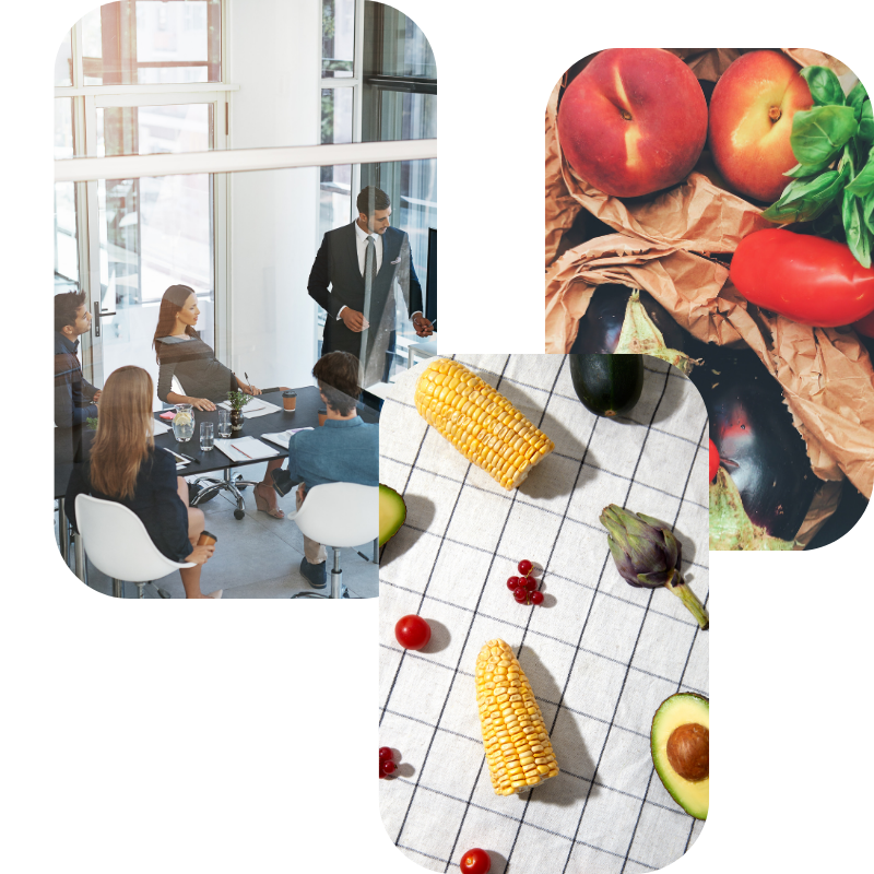 Colage de tres fotos, una de una reunión de empresa, y las otras dos son verduras, frtuas y hortalizas sobre una mesa.