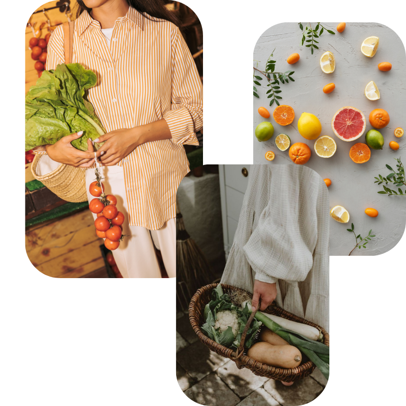 Conjunto de imágenes donde vemos a una persona transportando frutas y verduras en una cesta y en la mano.