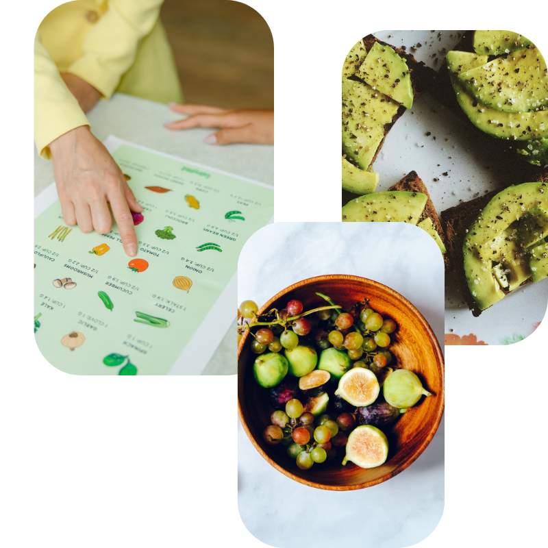 Colage de 3 imágenes, una de una nutricionista señalando verduras en una tabla, una de un bol de frutas y otra de tres tosatdas con aguacate.
