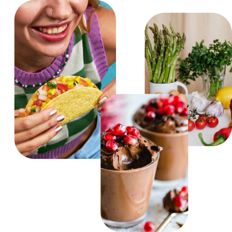 Collage de tres imágenes, la primera sale una chica comiéndose un taco, en la segunda un postre de chocolate con frutos rojos encima y en la tercera verduras sobre una mesa blanca.